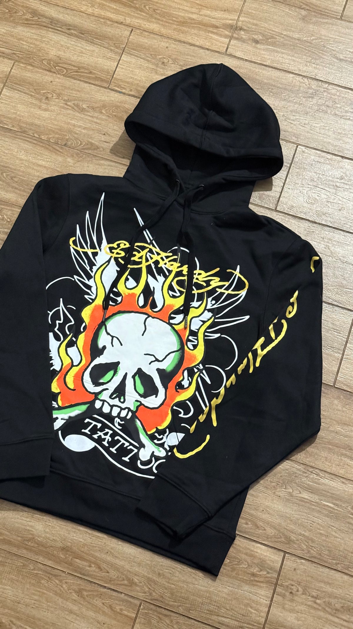 Ed Hardy Flame Skull Graphic Tattoo Black Hoodie