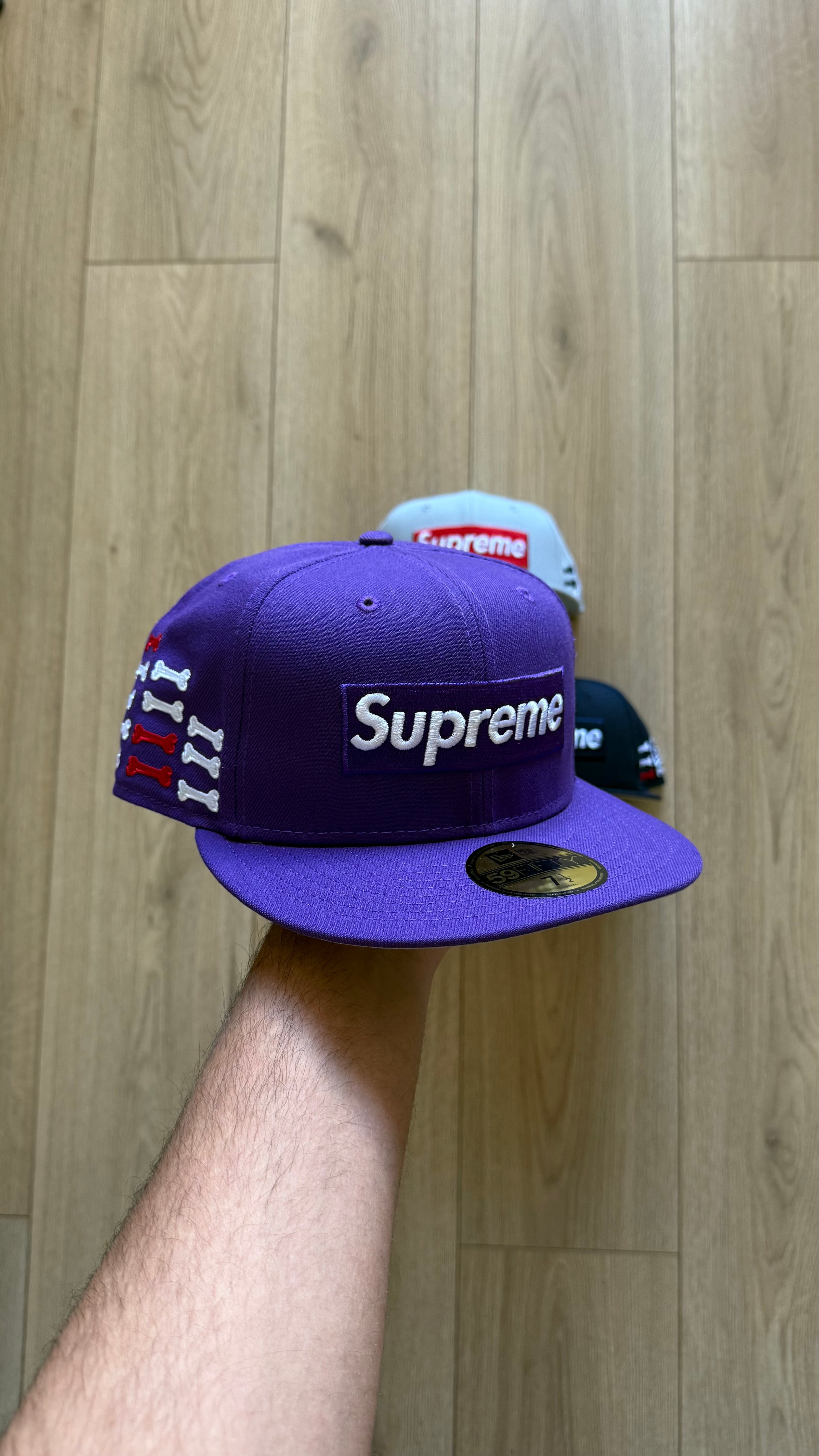 Supreme Bones Box Logo New Era 59Fifty Fitted Hat Purple