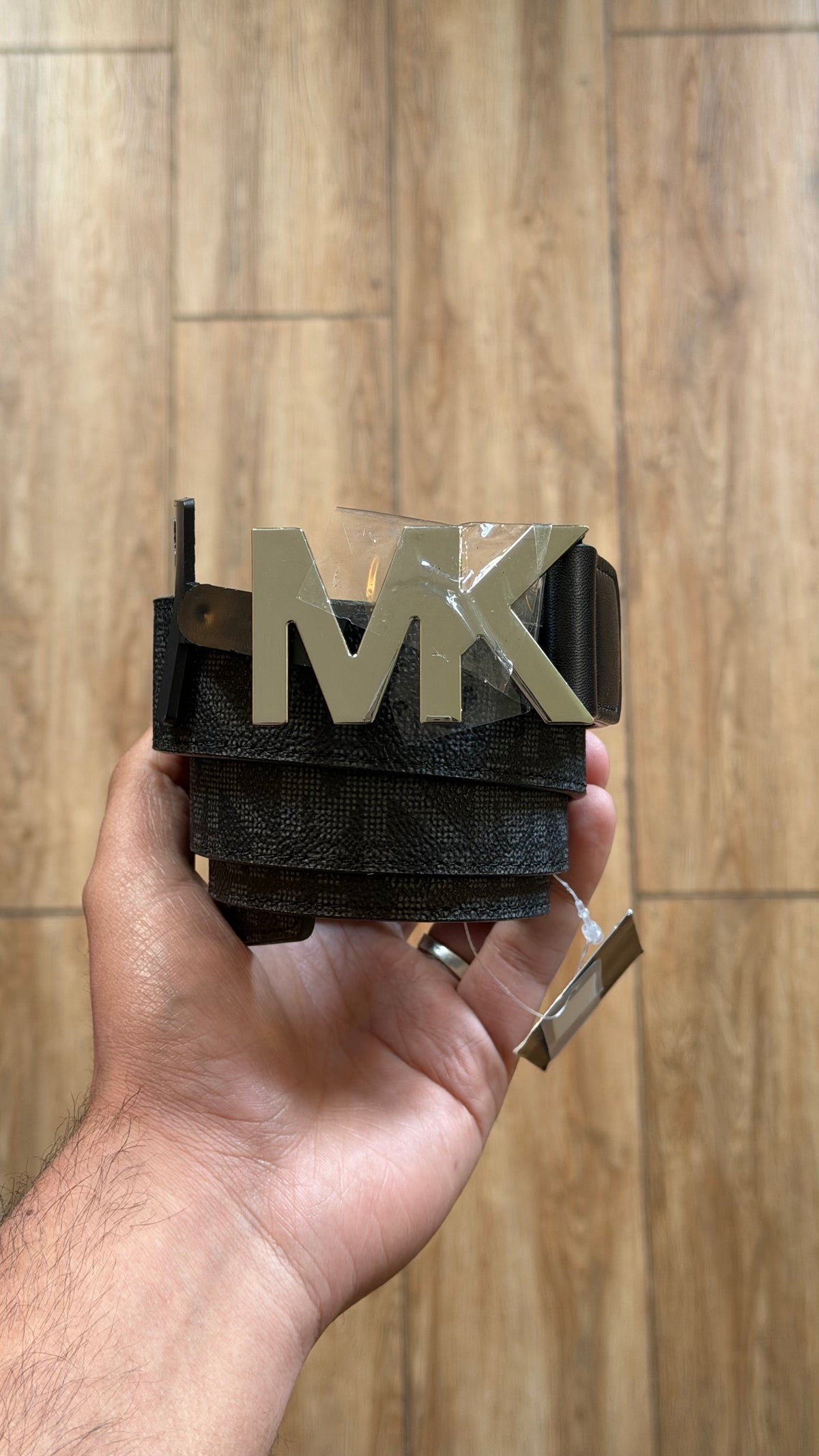 MK Multilogo Black Leather Silver Logo