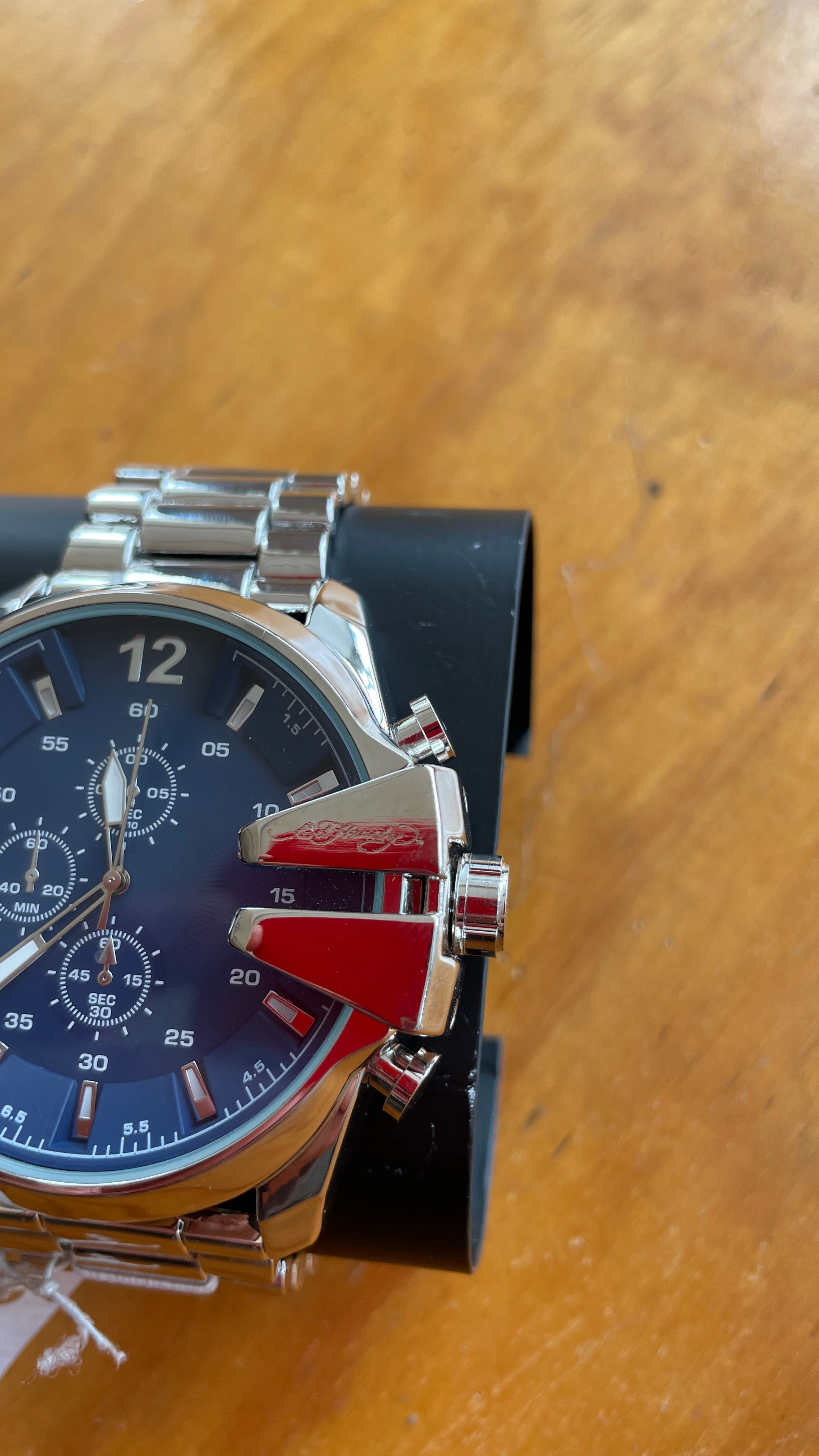 Ed Hardy Watch Blue Dial Chronograph Stainless Steel Band Mens Designer