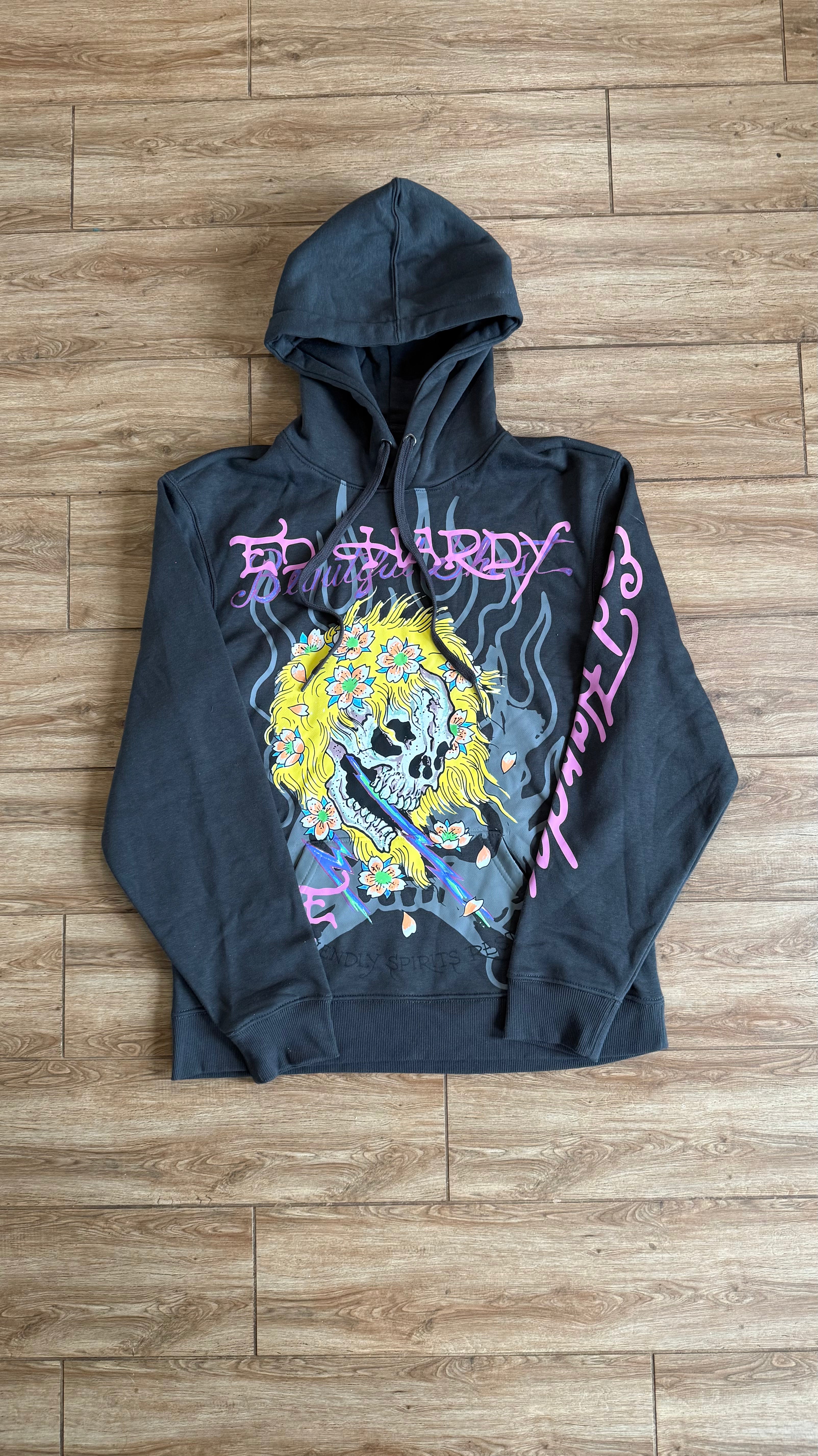 Ed Hardy Flower Skull Graphic Dark Grey Hoodie