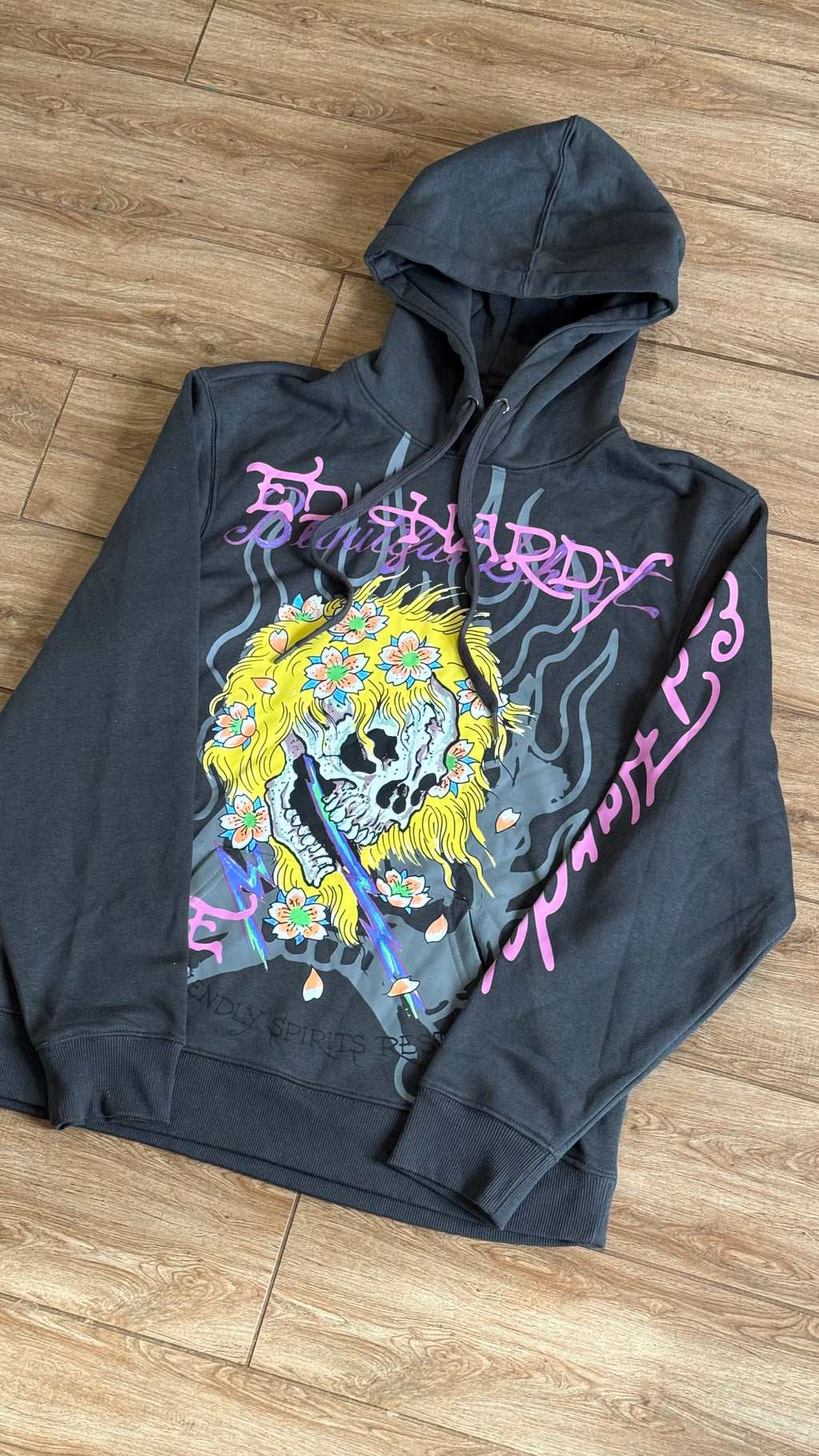 Ed Hardy Flower Skull Graphic Dark Grey Hoodie