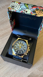 Ed Hardy Gold Chronograph Black Leather Watch
