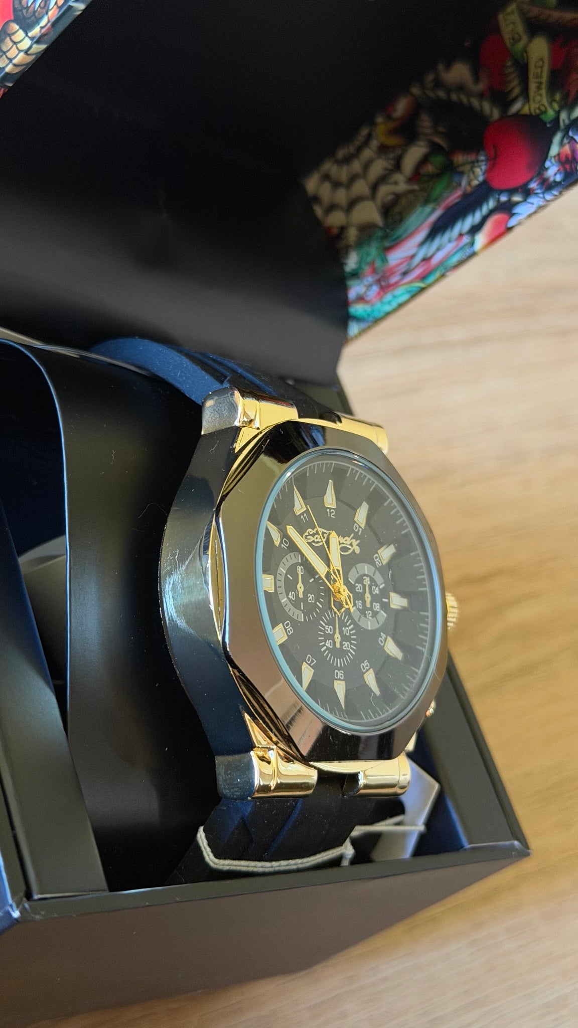 Ed Hardy Gold Chronograph Black Leather Watch