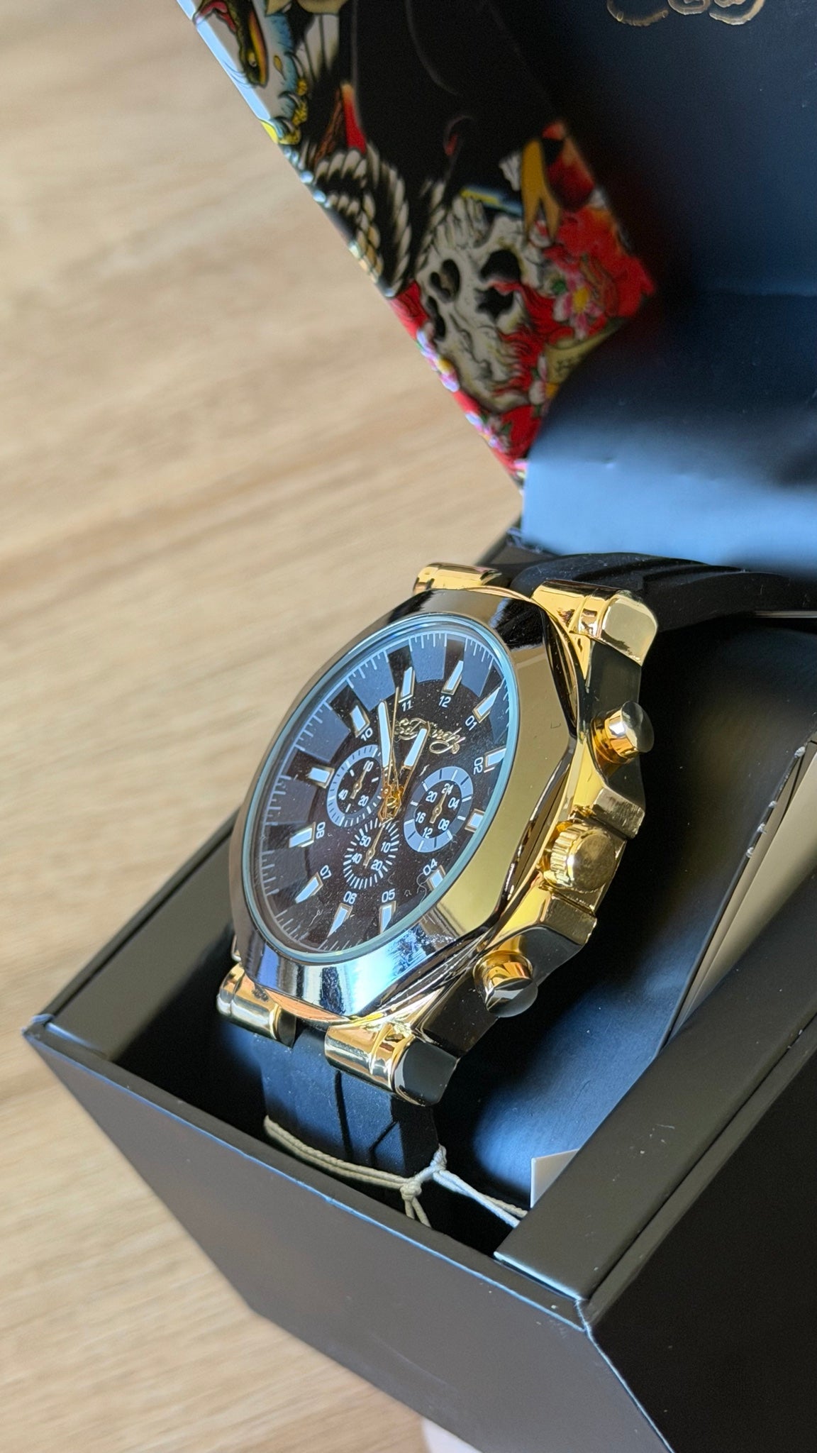 Ed Hardy Gold Chronograph Black Leather Watch