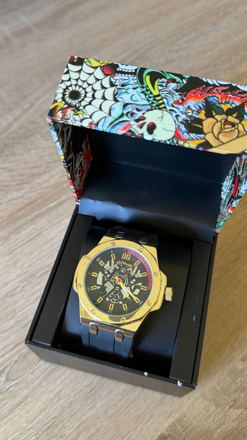 Ed Hardy Gold Chronograph Black Rubber Watch