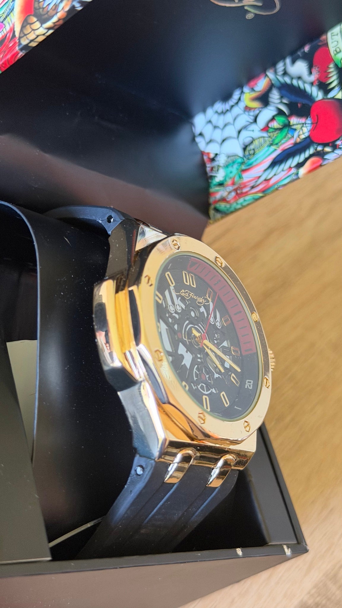 Ed Hardy Gold Chronograph Black Rubber Watch