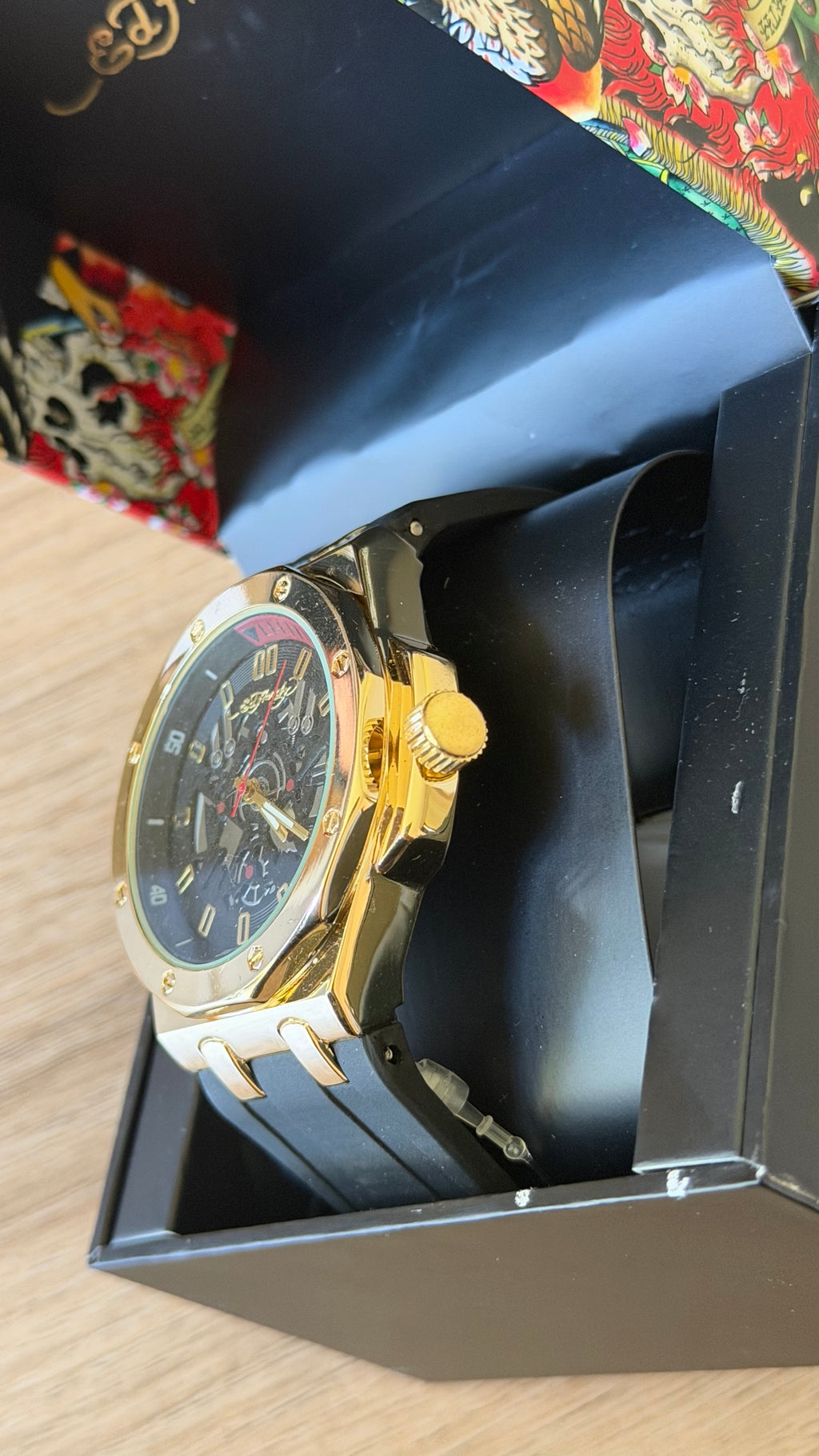 Ed Hardy Gold Chronograph Black Rubber Watch