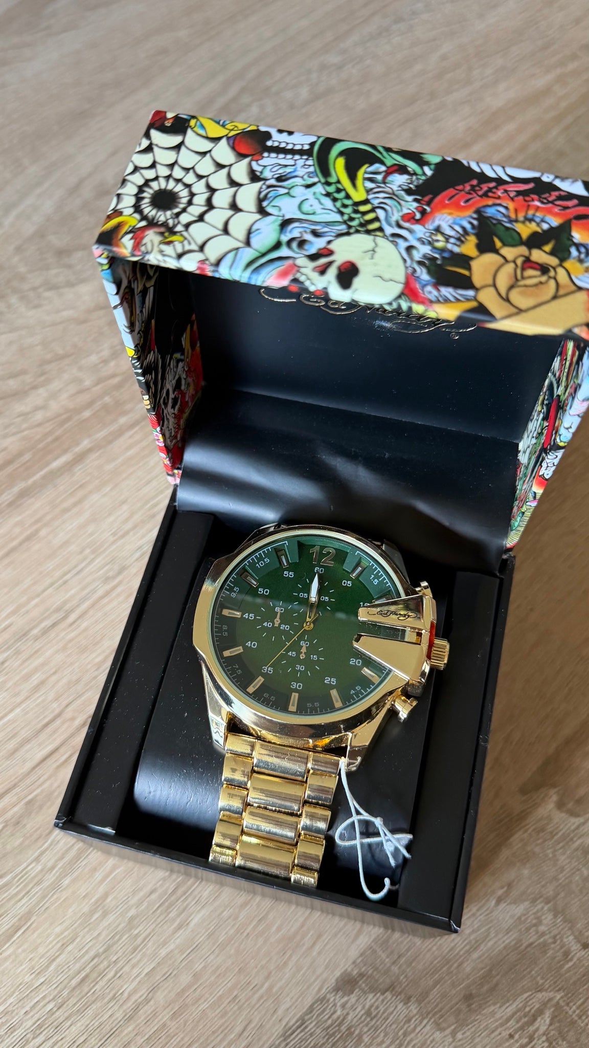 Ed Hardy Gold Chronograph Green Dial Steel Watch