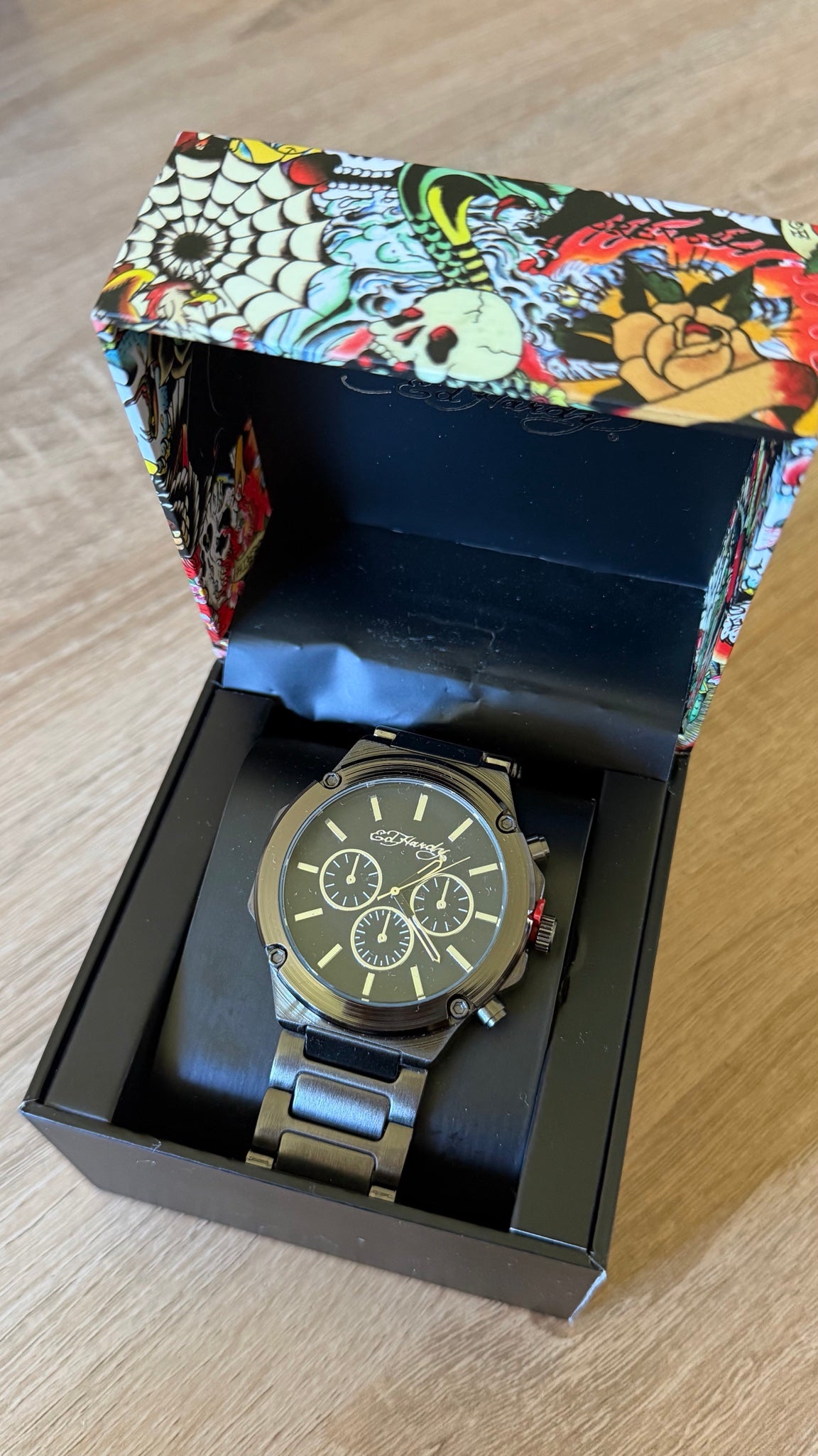 Ed Hardy Gunmetal Chronograph Steel Bracelet Watch