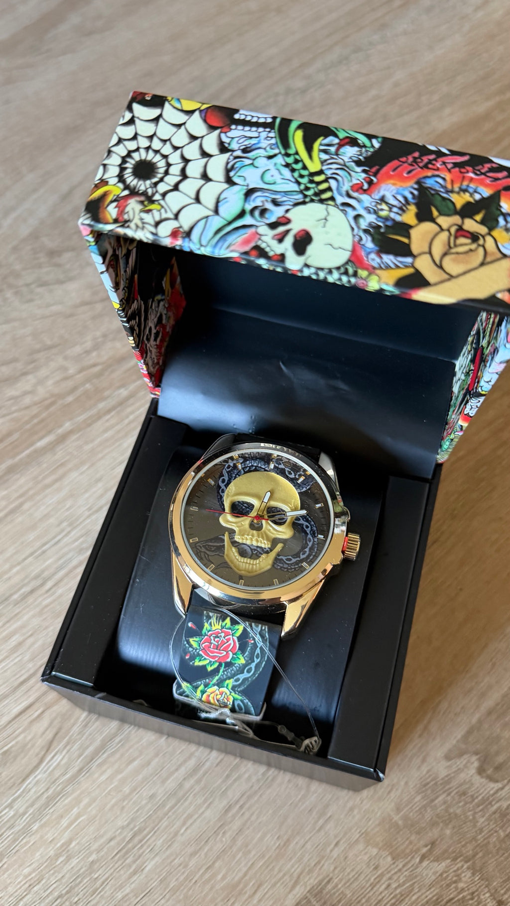 Ed Hardy Gold Skull Rose Print Strap Watch