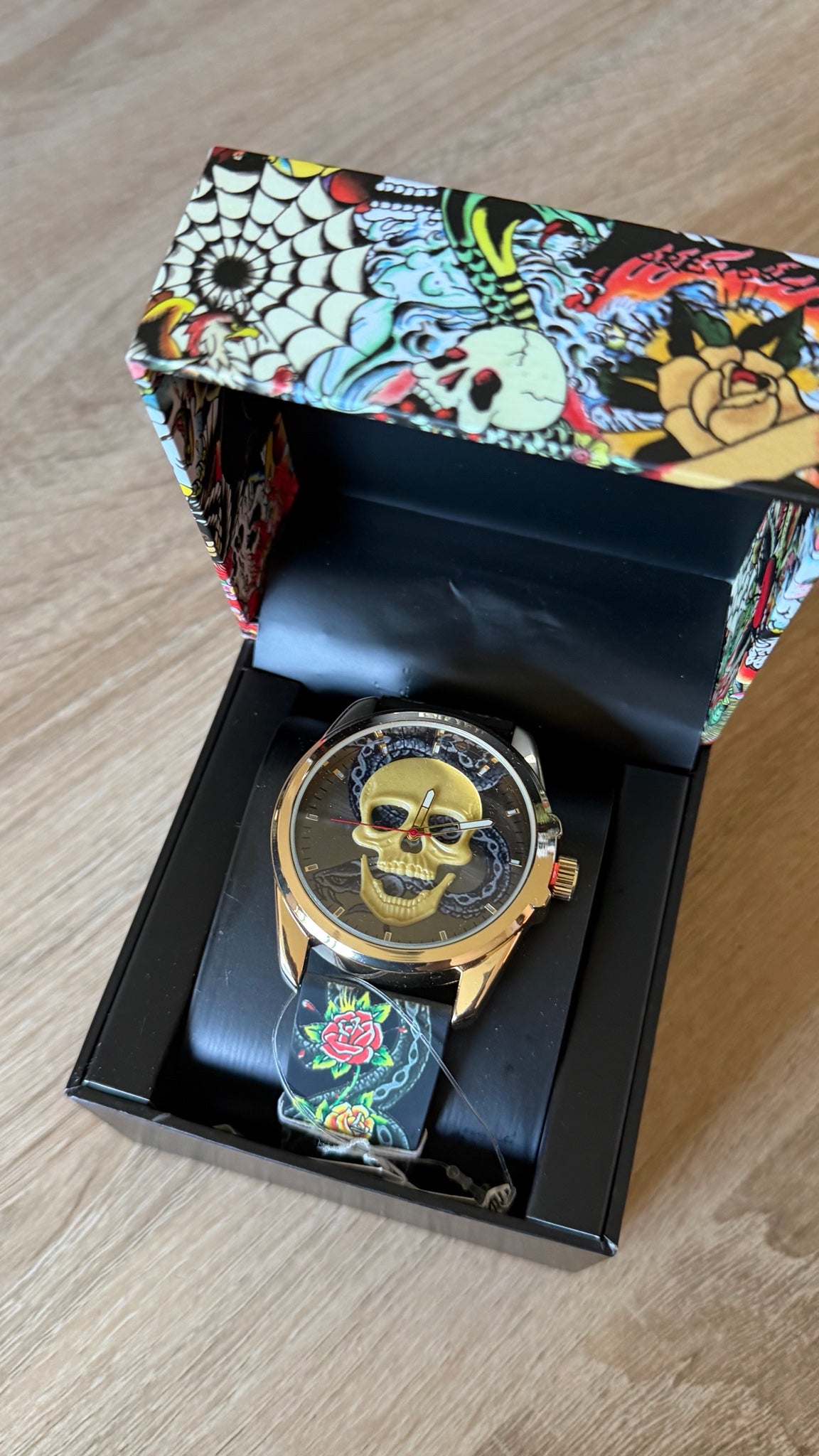 Ed Hardy Gold Skull Rose Print Strap Watch