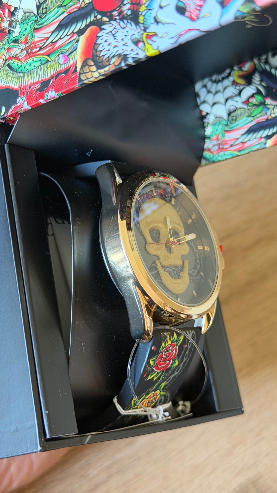 Ed Hardy Gold Skull Rose Print Strap Watch