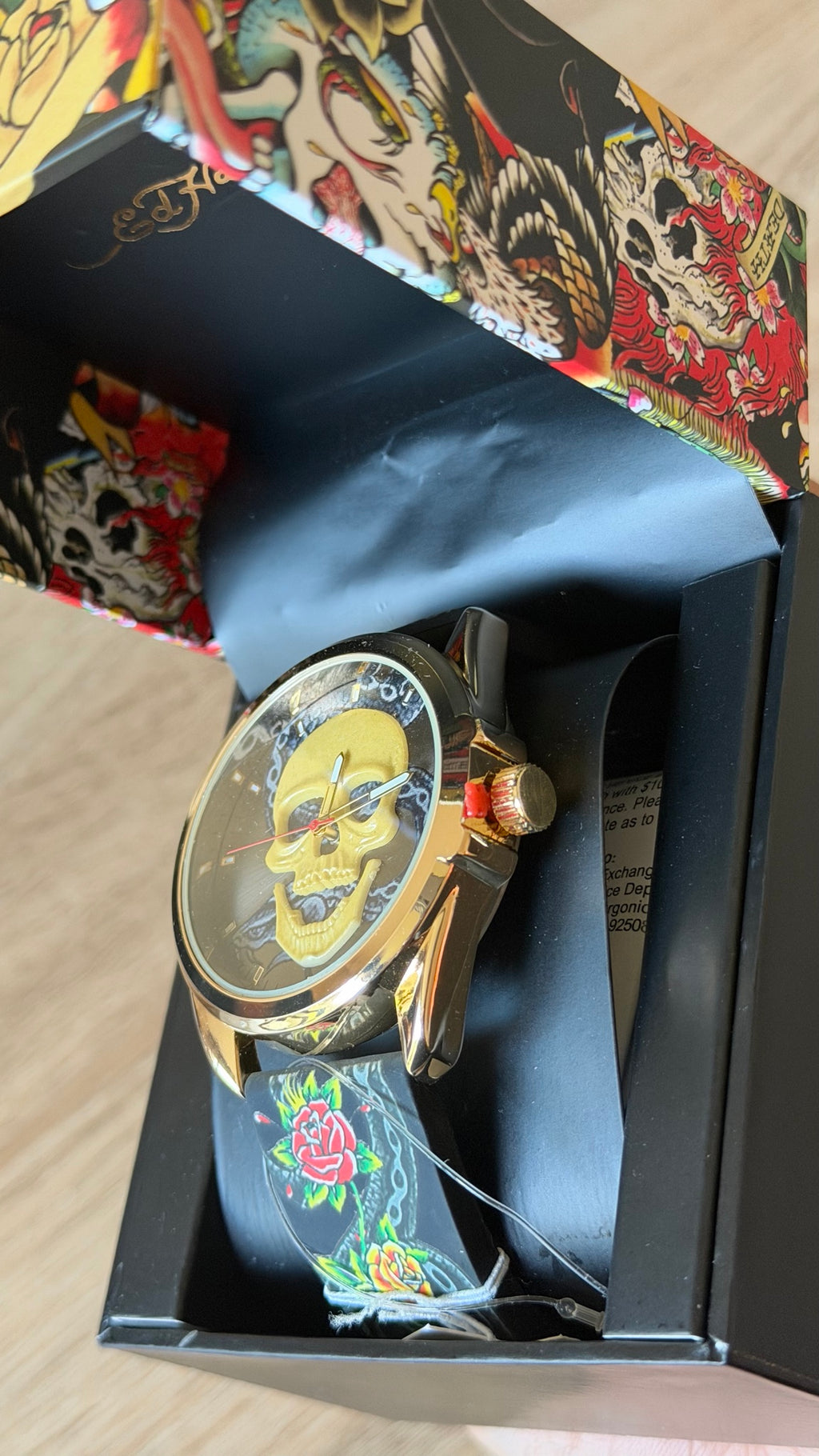 Ed Hardy Gold Skull Rose Print Strap Watch