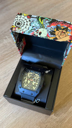 Ed Hardy Black Tonneau Skeleton Rubber Watch