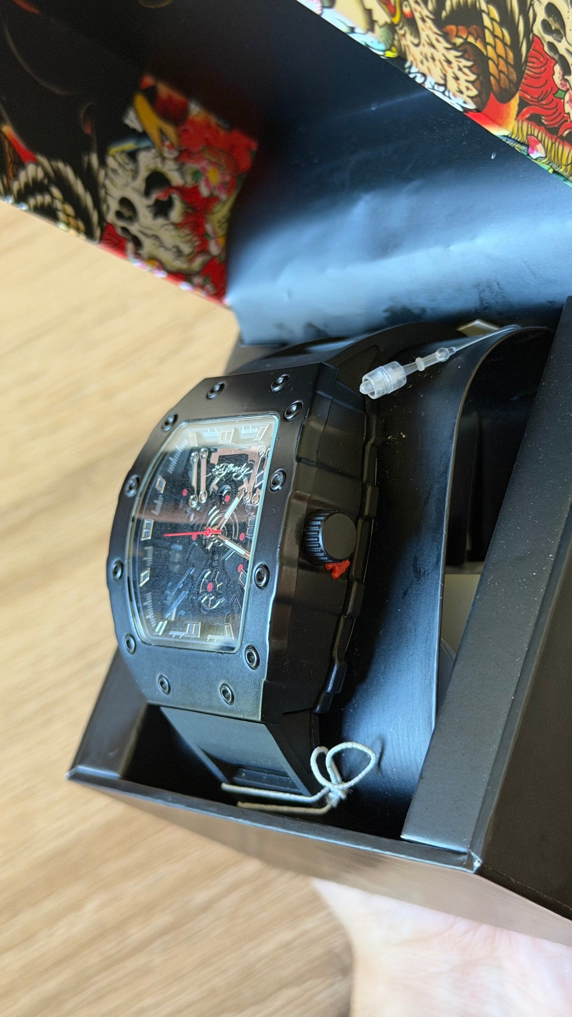 Ed Hardy Black Tonneau Skeleton Rubber Watch