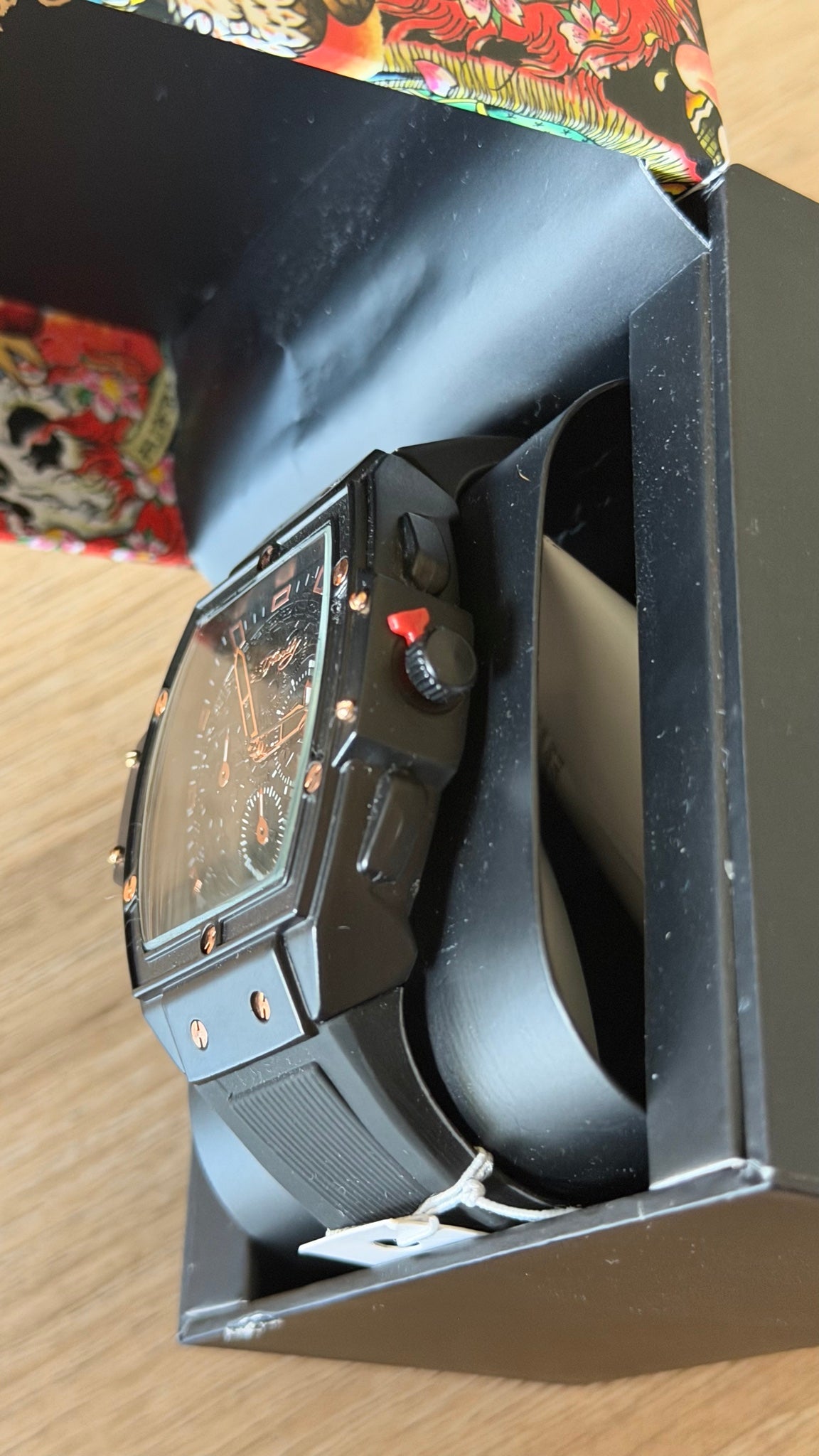 Ed Hardy Black Tonneau Rose Gold Chronograph Watch