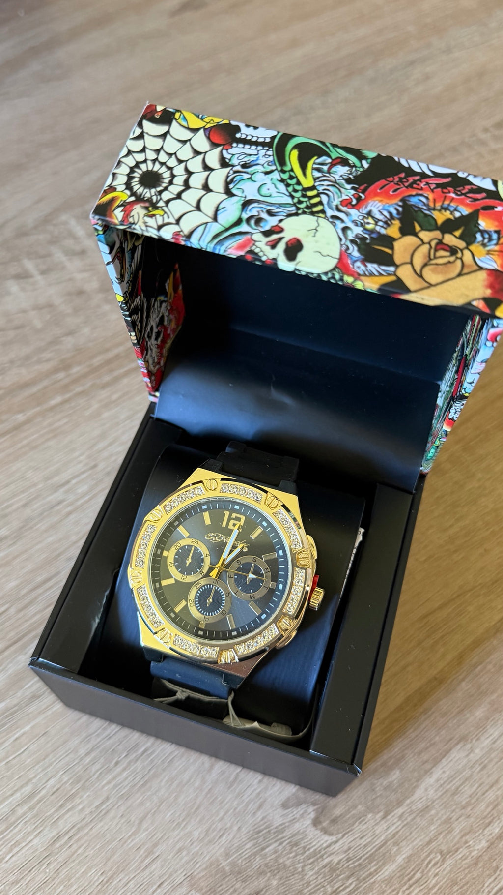 Ed Hardy Gold Crystal Bezel Chronograph Watch