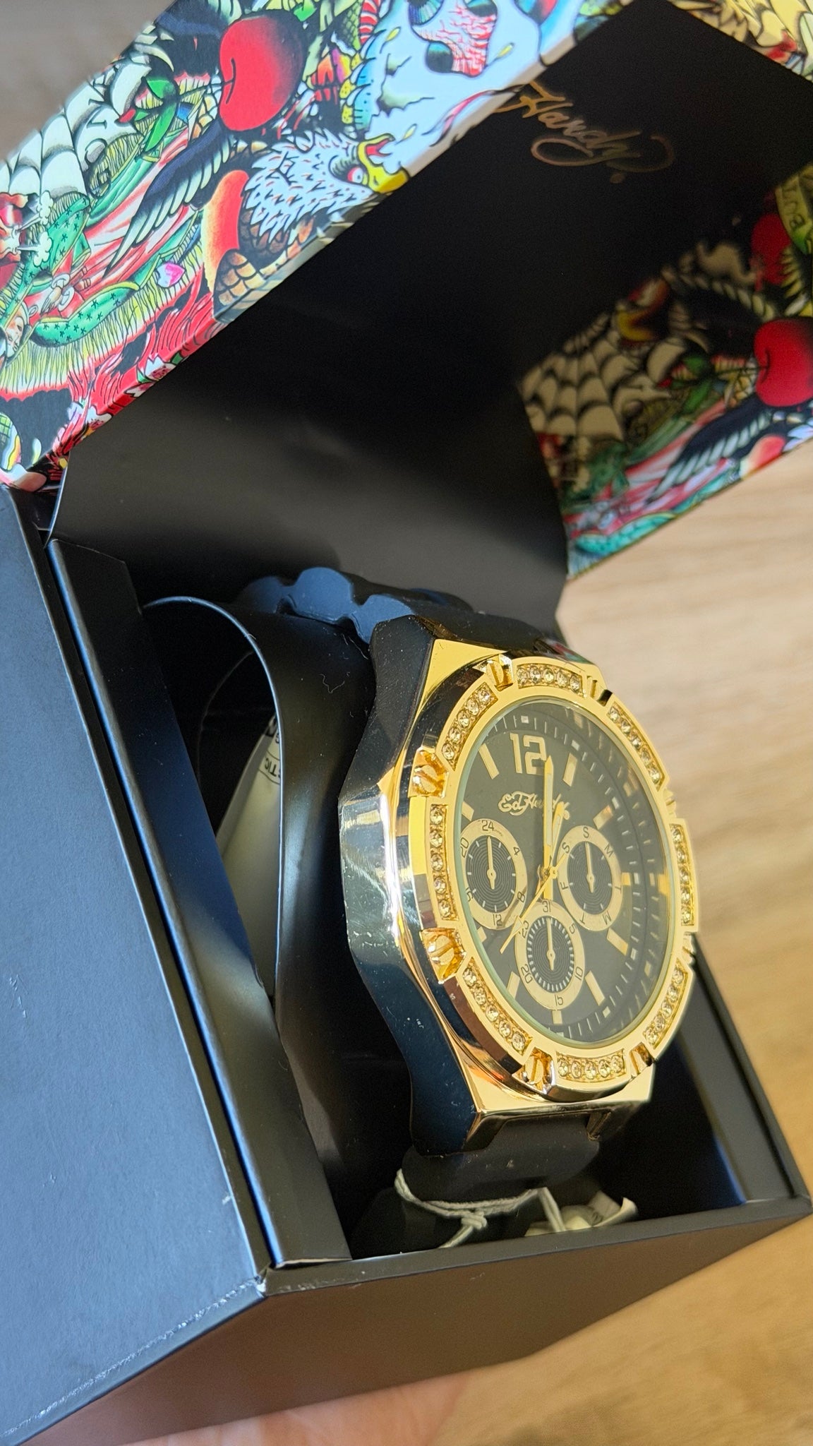 Ed Hardy Gold Crystal Bezel Chronograph Watch