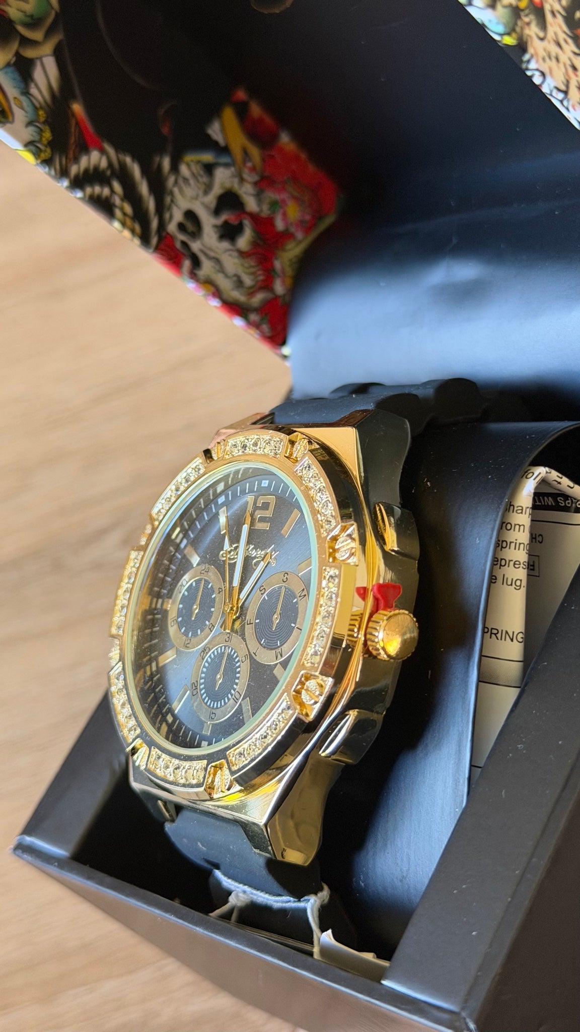 Ed Hardy Gold Crystal Bezel Chronograph Watch