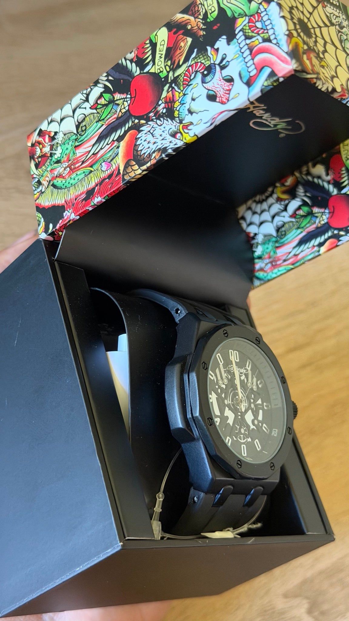 Ed Hardy Black Skeleton Chronograph Silicone Watch