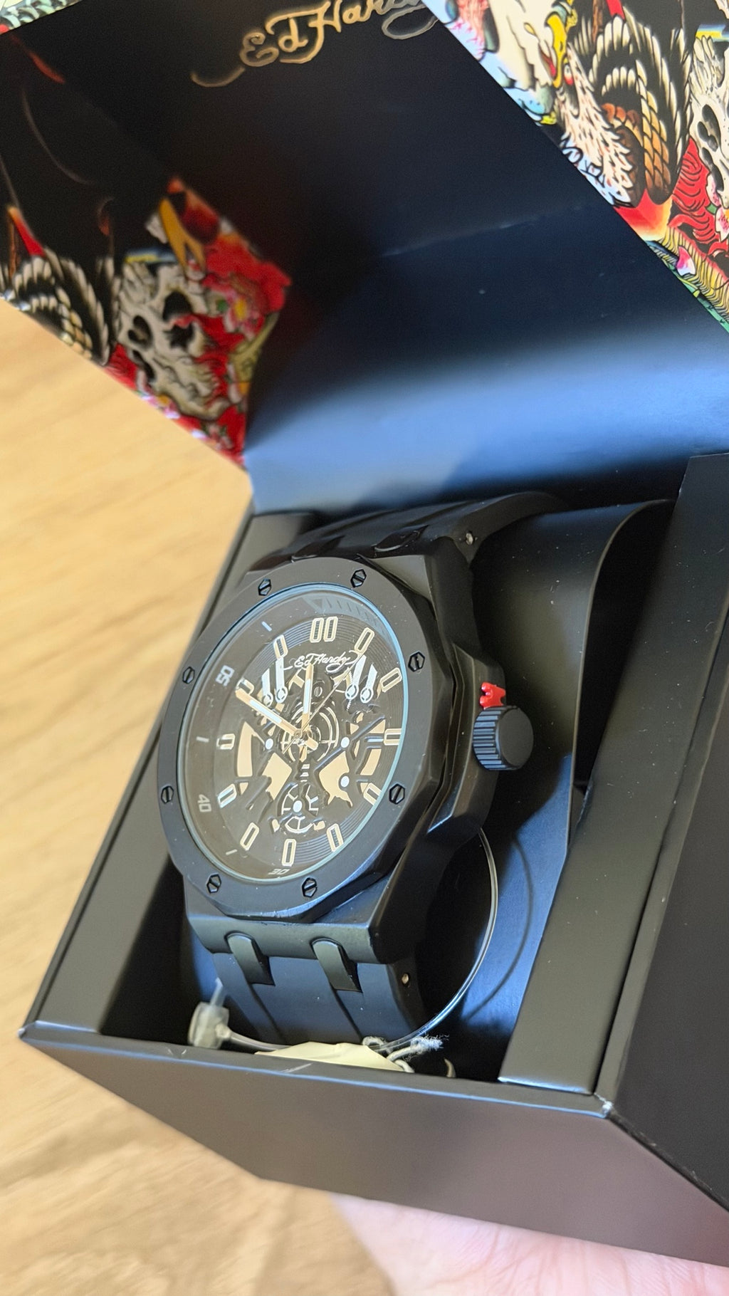 Ed Hardy Black Skeleton Chronograph Silicone Watch