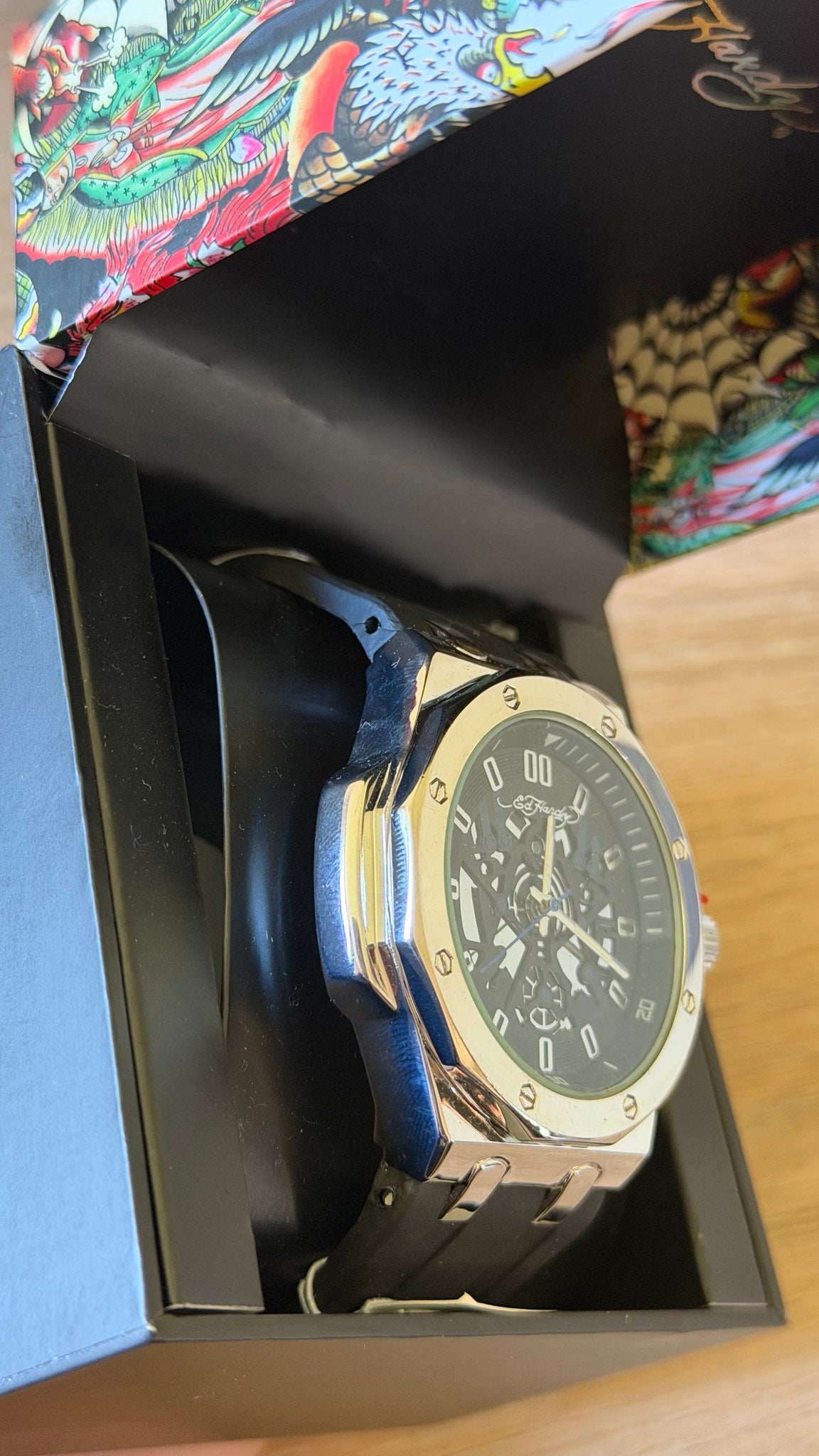 Ed Hardy Silver Octagon Skeleton Rubber Watch